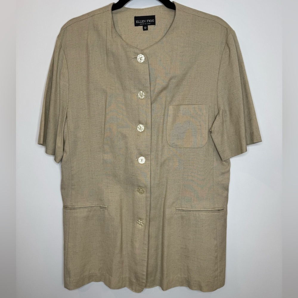 Ellen Figg flax linen Beige utility Button-Up Shirt size 12